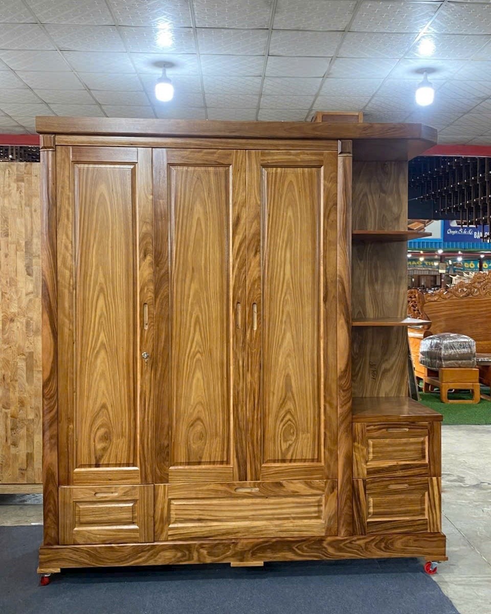 Tủ Quần Áo Gỗ Hương Xám Kệ Trang Trí Vế Phải