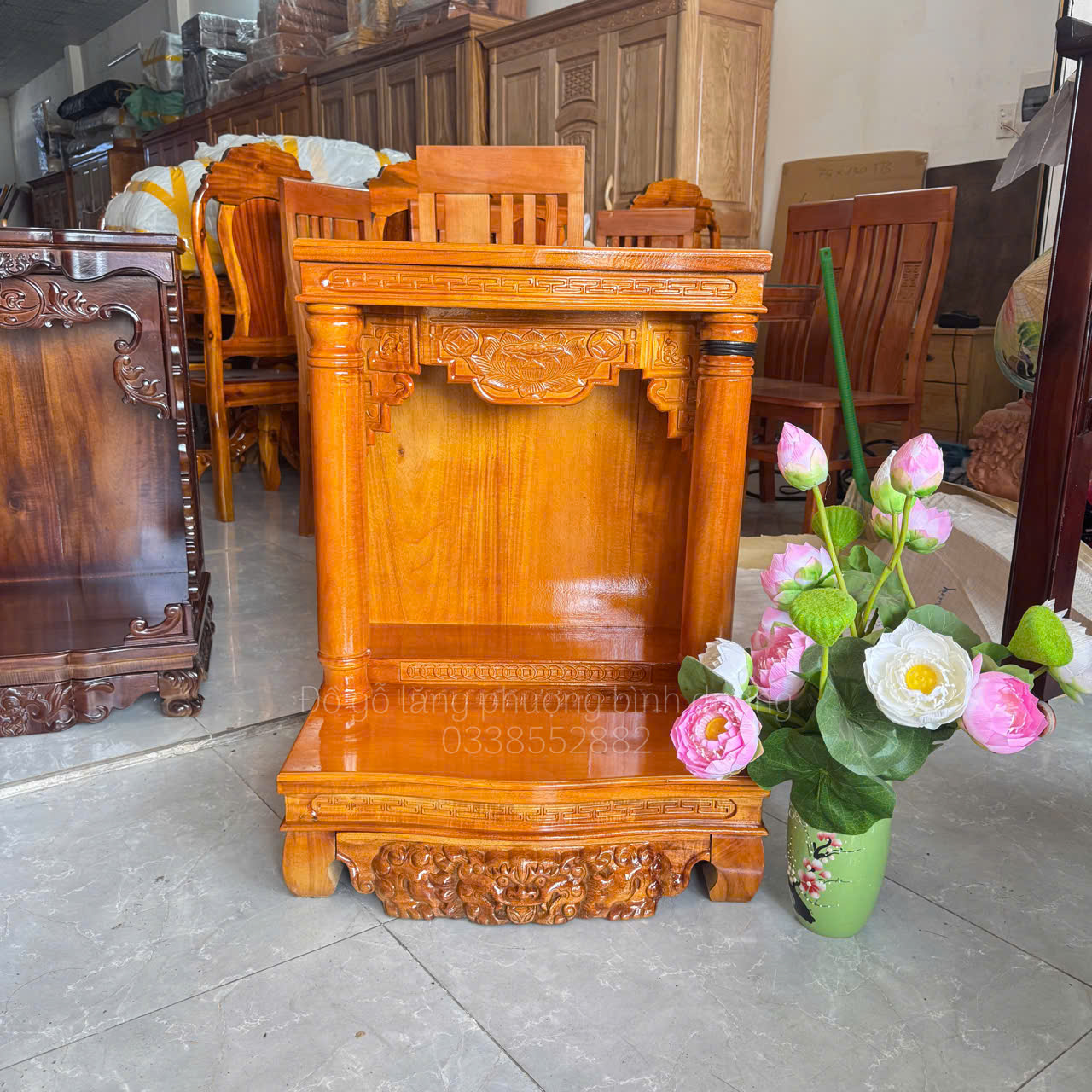 Bàn Thờ Ông Địa Thần Tài Gỗ Tràm Bông Sen