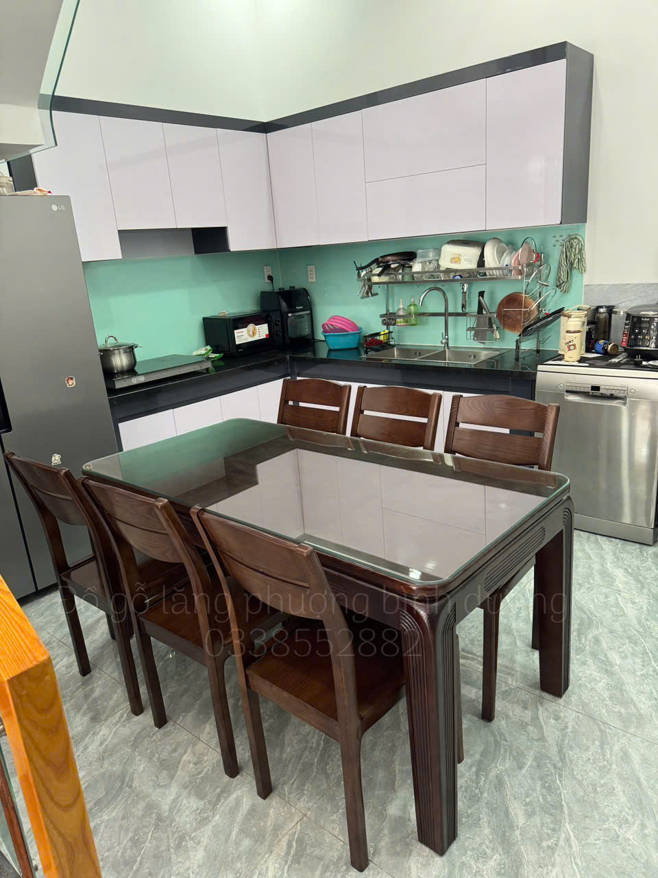 Bàn ăn gỗ sồi cao cấp 6 ghế màu óc chó