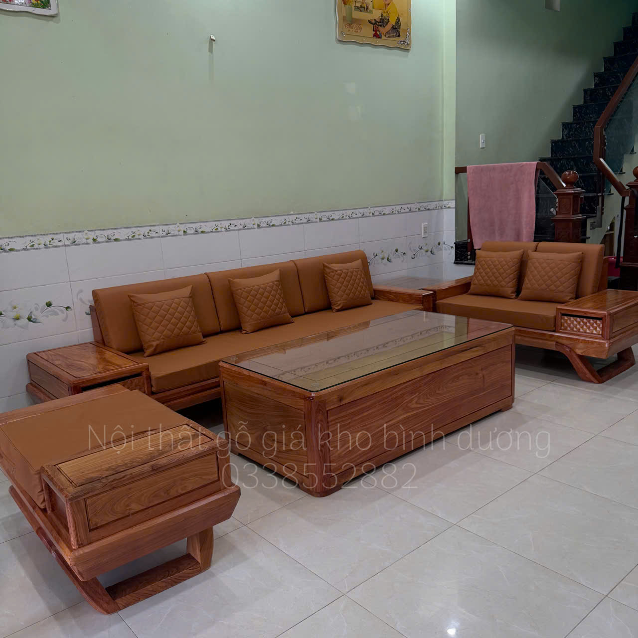 Sofa 2 văng gỗ hương đá cao cấp khuôn 4 ván 2