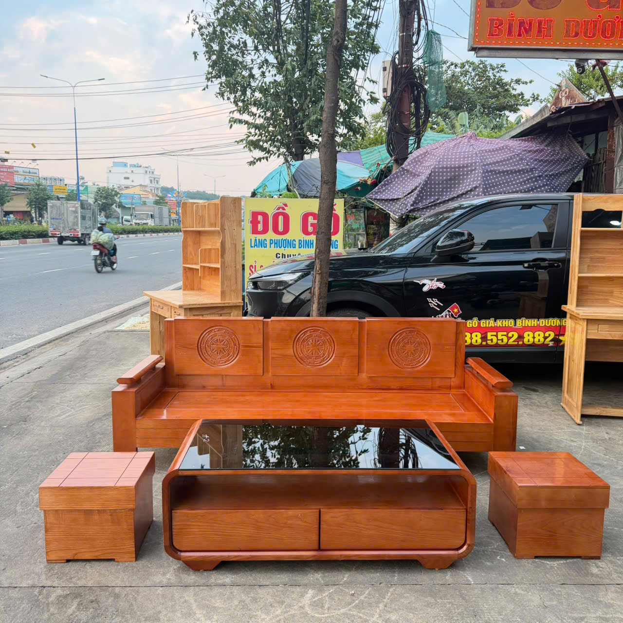 SoFa 1 Văng + Đôn Góc Nhỏ Gỗ Sồi Nga màu Xoan Đào