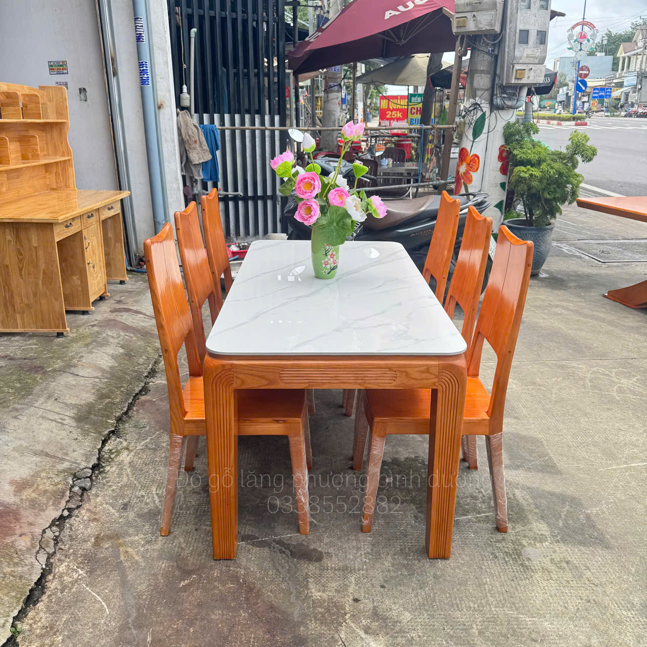 Bàn Ăn Gỗ Sồi Mặt Đá Cao Cấp 6 Ghế