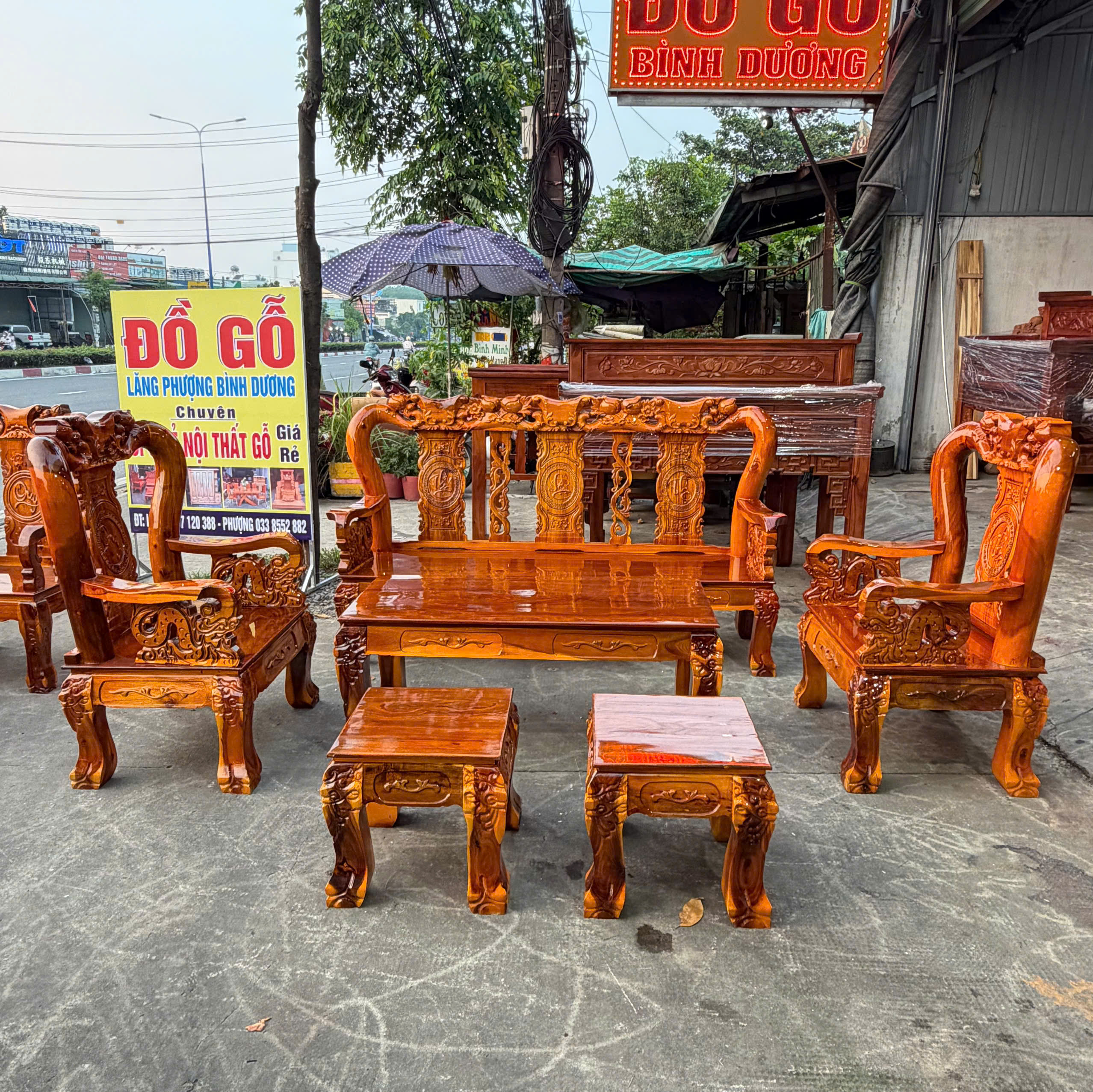 SaLon Gỗ Tràm Bông Vàng Cột 10 tay Rồng