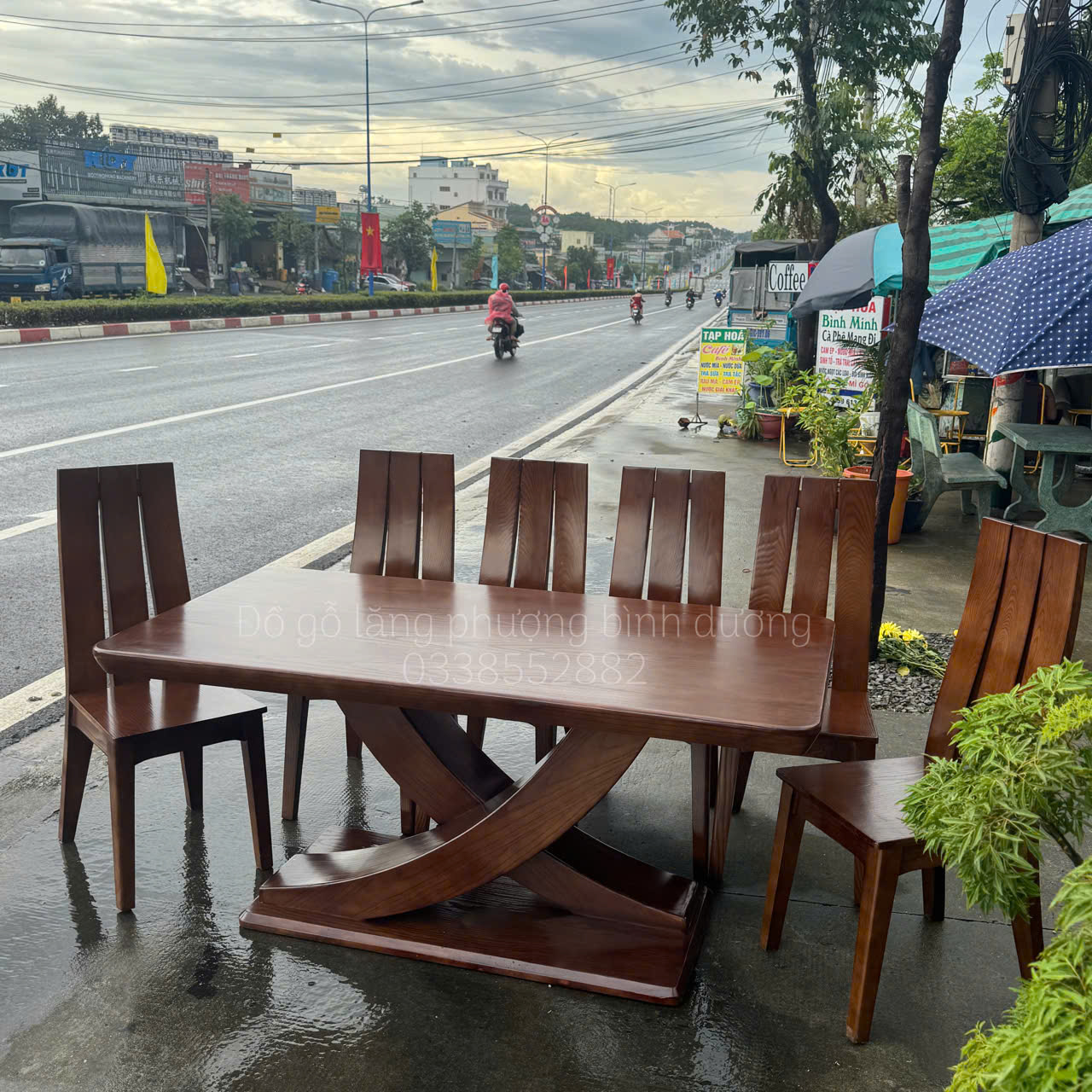 Bàn Ăn Gỗ Sồi Cao Cấp Mẫu Chân X Bộ 6 Ghế