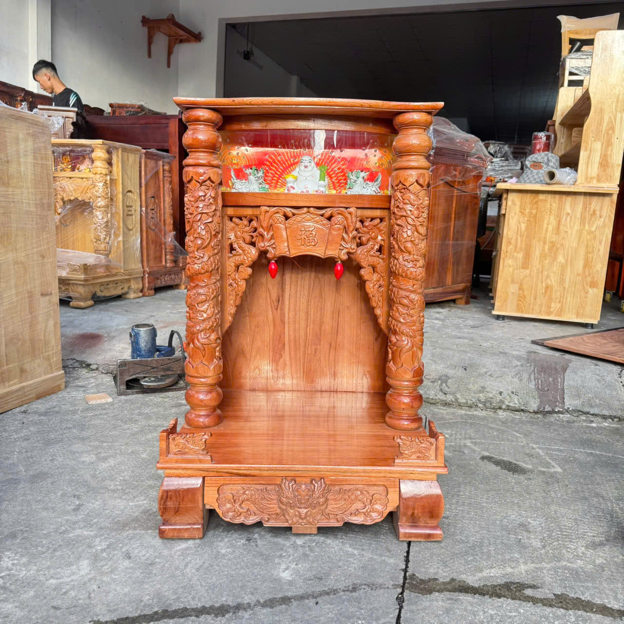 Bàn Thờ Thần Tài Ông Địa Gỗ Xoan Đào 60 Hộp Đèn