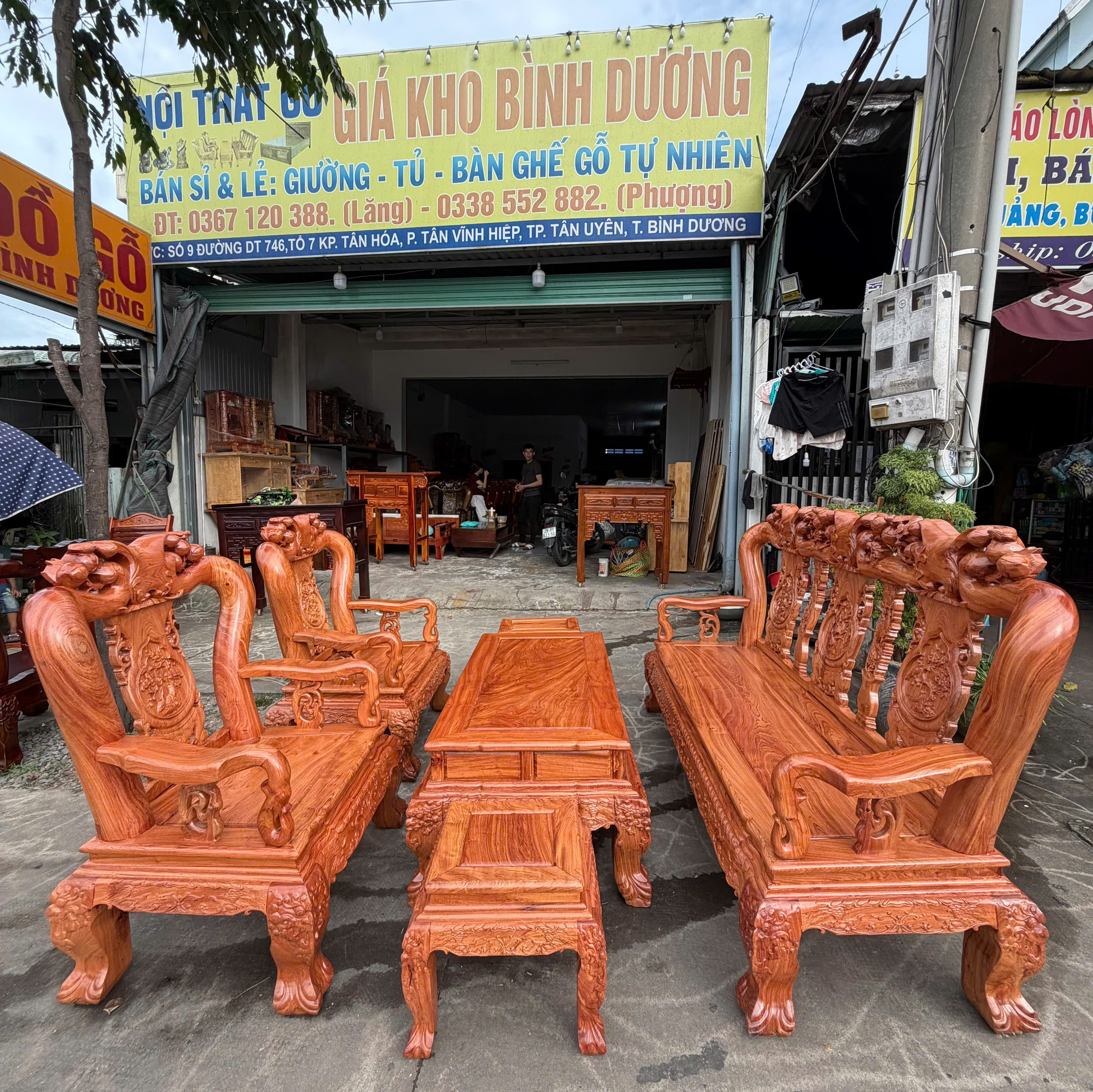 Salon Mẫu Quốc Đào Gỗ Hương Đá Cao Cấp Khung 3P Ván 1.5P