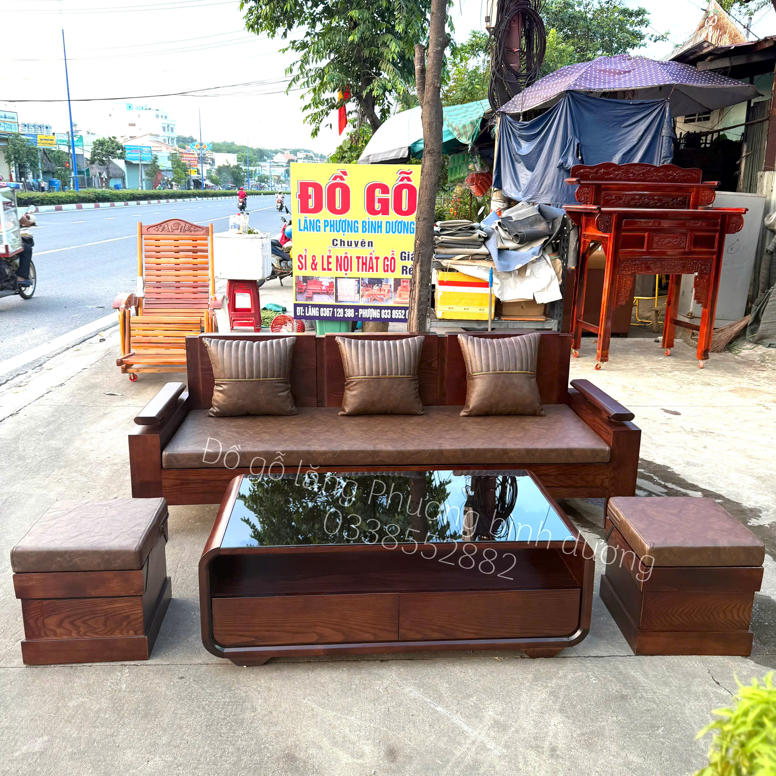 SoFa 1 Văng + Đôn Góc Nhỏ gỗ Sồi Nga