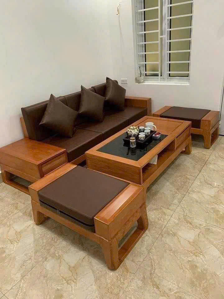 SOFA 1 VĂNG GỖ SỒI NGA LAU MÀU HƯƠNG BỘ 4 MÓN