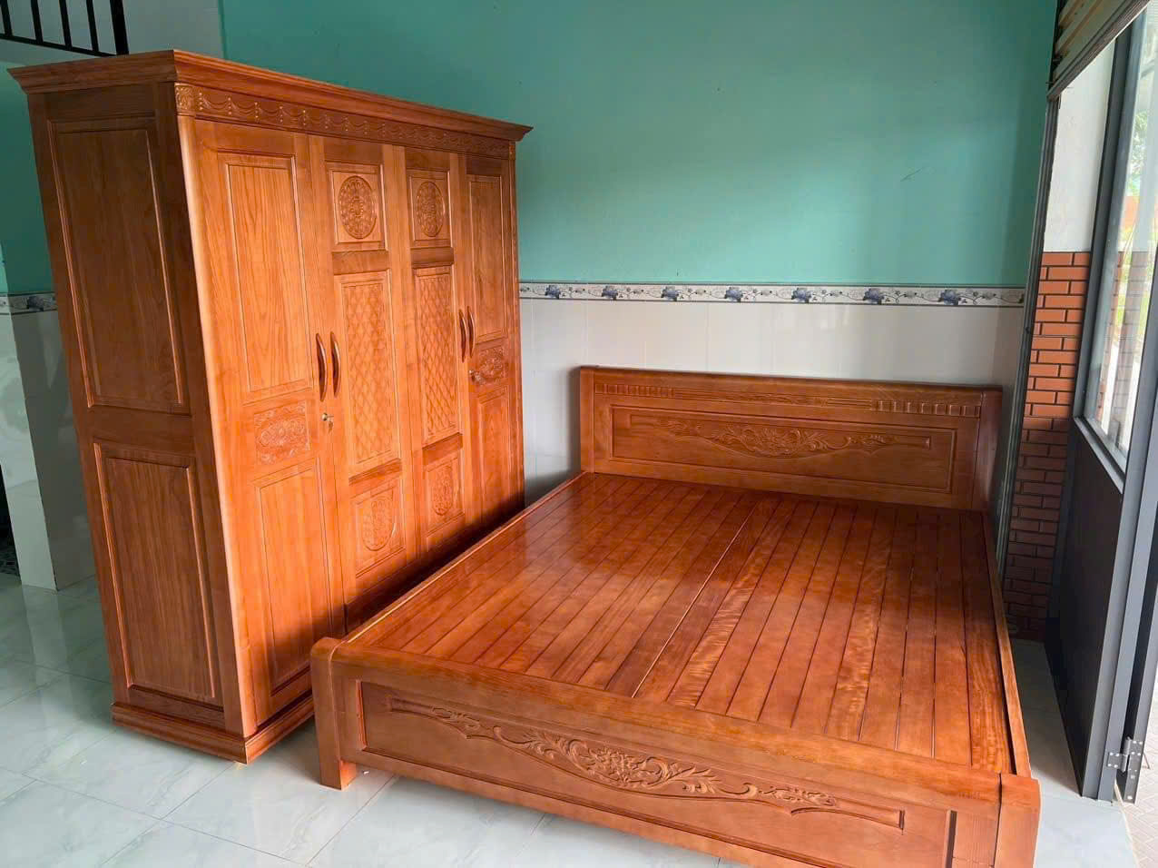 ComBo Giường Tủ Quần Áo Gỗ Sồi Nga Màu Cánh Gián