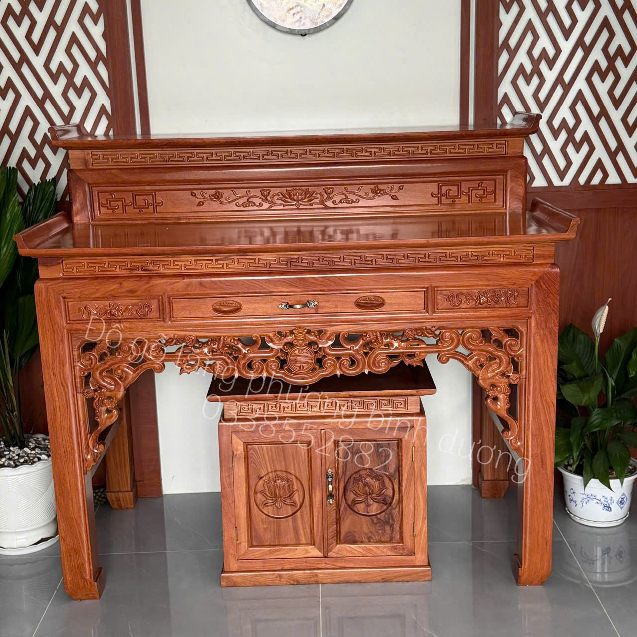 Combo bàn thờ nhị cấp kèm tủ cơm gỗ hương đá cao cấp