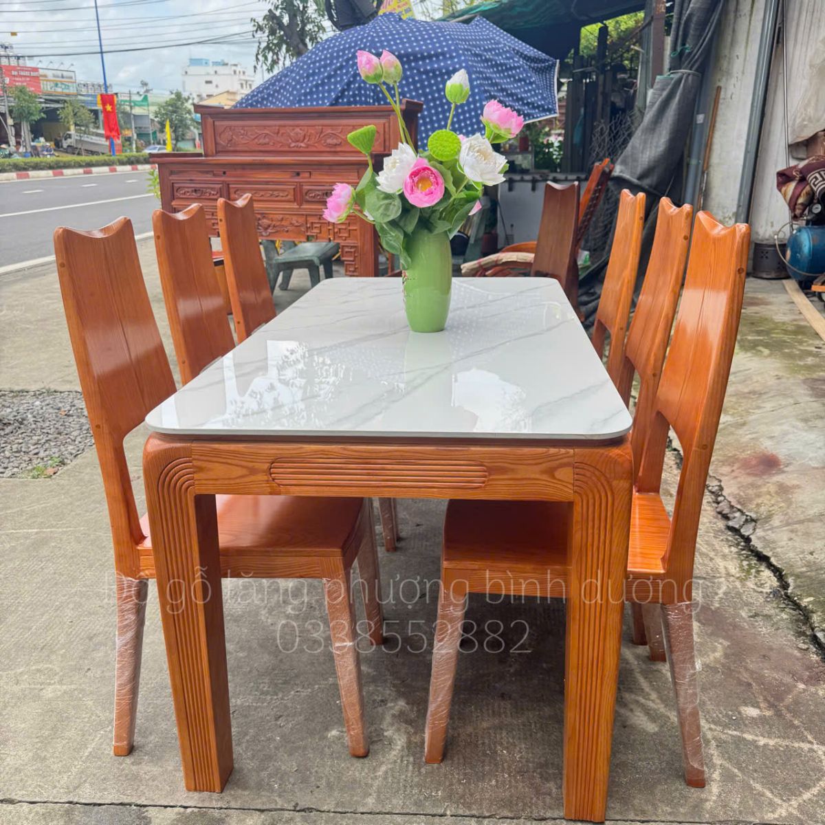 Bàn Ăn Gỗ Sồi Mặt Đá Cao Cấp 6 Ghế